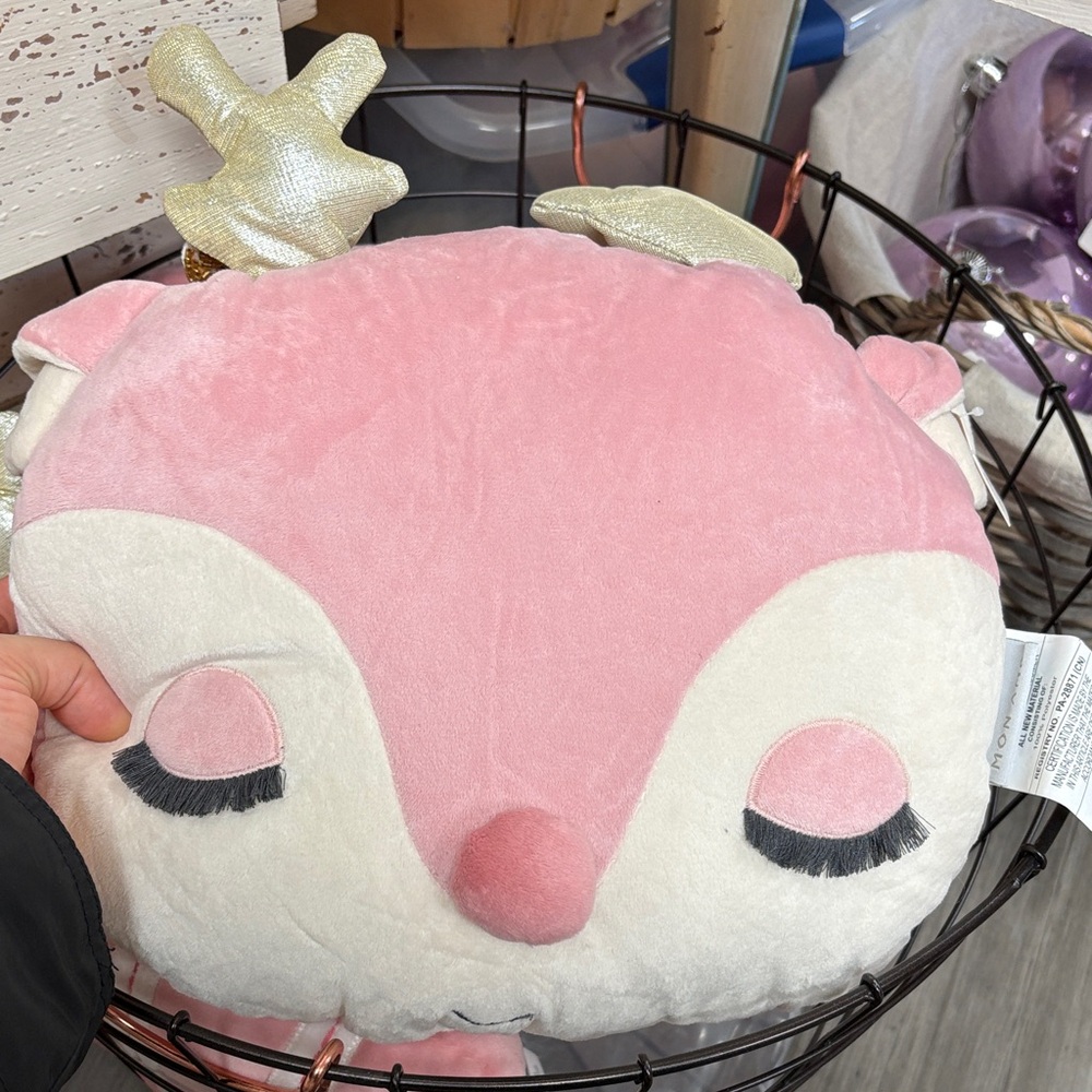 Plush Pink Deer Face Accent Pillow with Gold Antlers